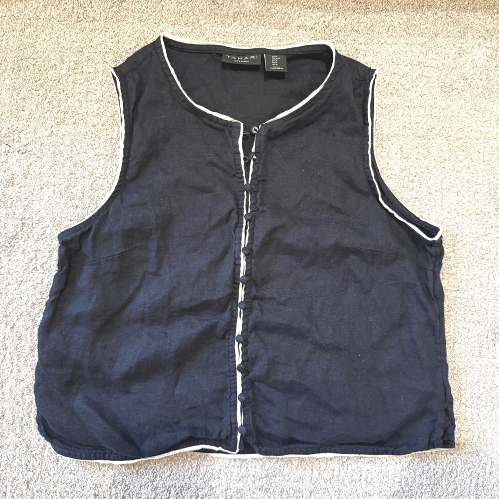 Tahari Black 100% Linen Button Front Vest Top Medium Minimal Elegant Old Money - Picture 1 of 9